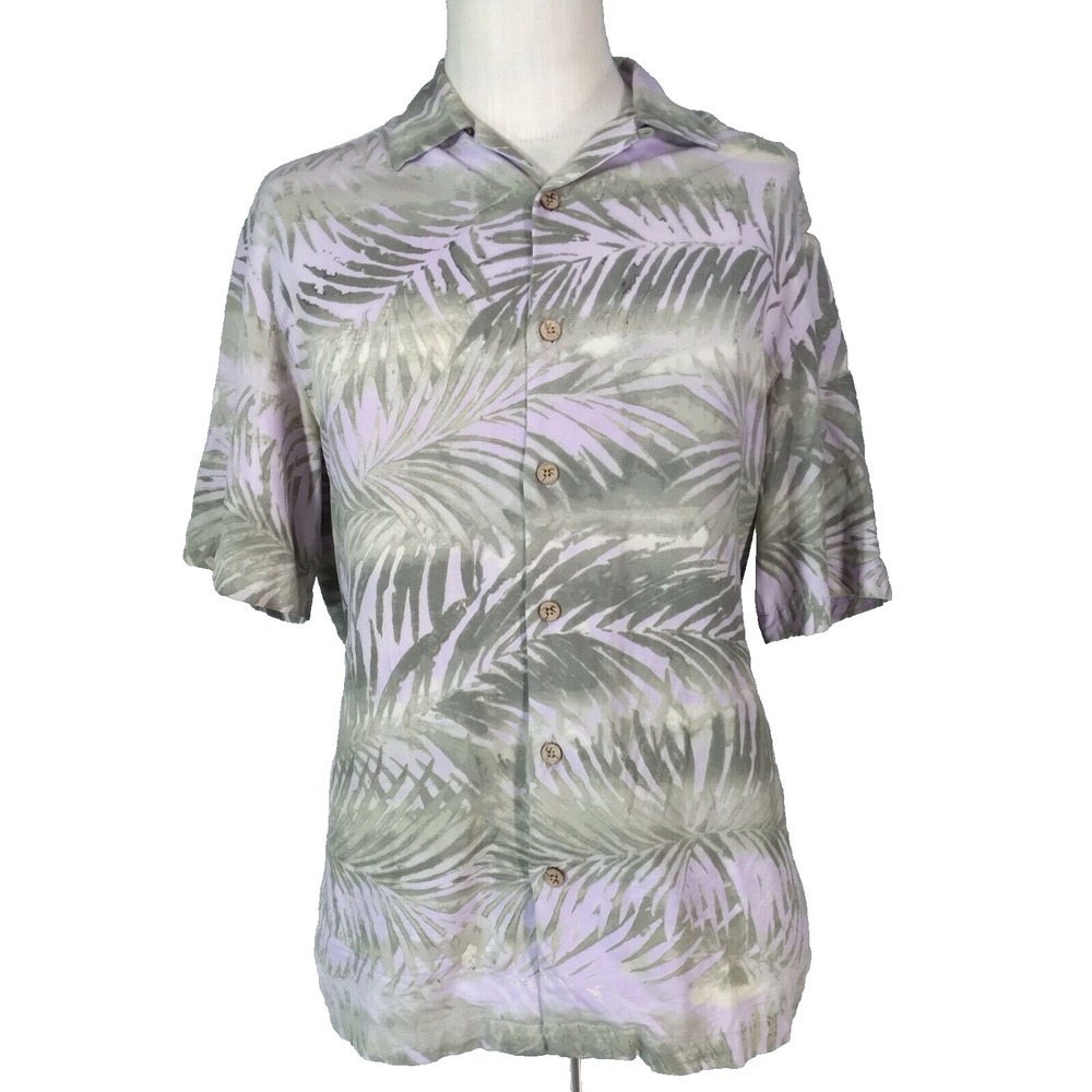 Caribbean shirt mens medium green floral silk blend Hawaiian short‎ sleeve